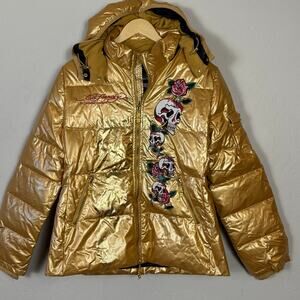 Ed Hardy NWT Size XL Y2K Gold Down Puffer Coat Embroidered Roses Skulls Hooded